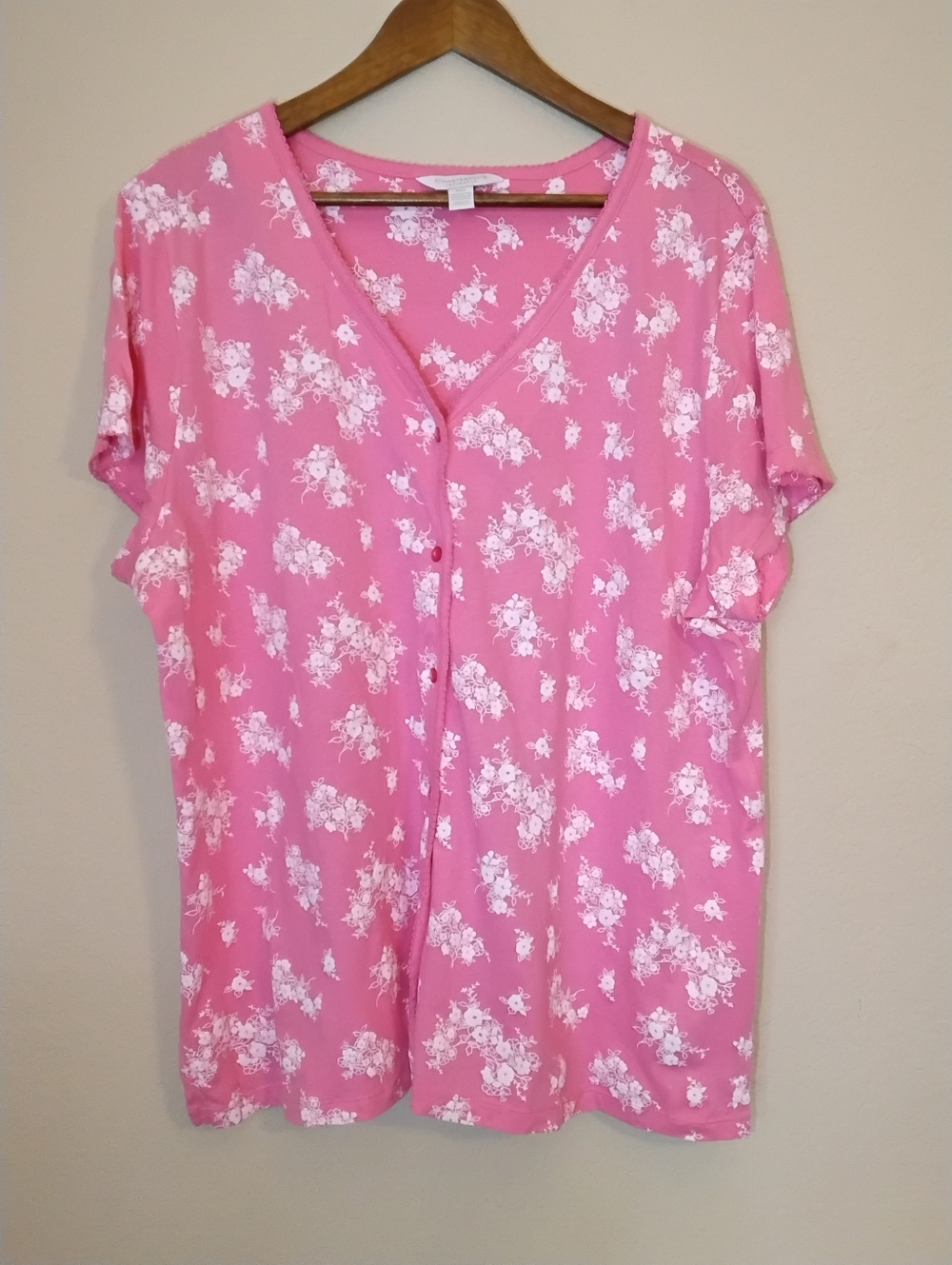 Charter‎ Club Intimates Sleepwear Top Womens 3XL Pink White Floral Button Down